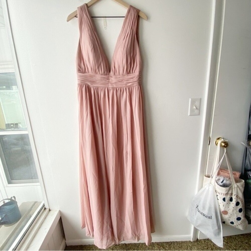 jj's house plunge neck a-line side slit gown bridesmaids dress